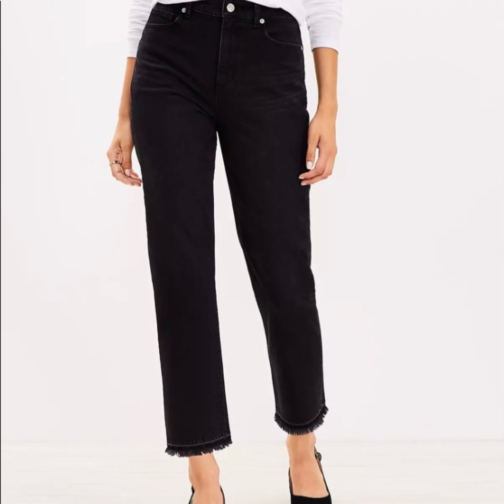 LOFT Curvy Let Down Hem High Rise Straight Crop Jeans In Washed Black Wash Sz 27